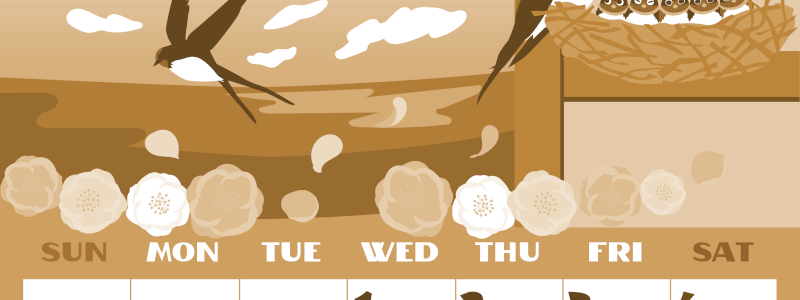 2026年4月縦型レトロな日曜始まり ツバメのイラストがかわいいA4無料セピア調カレンダー(2026-00660410)