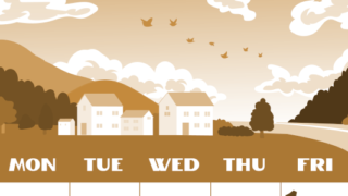 2026年5月縦型レトロな日曜始まり 村のイラストのかわいいA4無料セピア調カレンダー(2026-00660510)