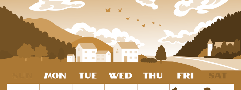 2026年5月縦型レトロな日曜始まり 村のイラストのかわいいA4無料セピア調カレンダー(2026-00660510)