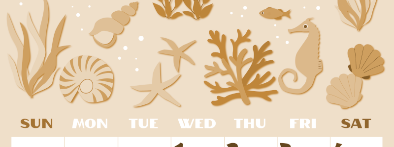 2026年7月縦型レトロな日曜始まり 海の生き物イラストがかわいいA4無料セピア調カレンダー(2026-00660710)