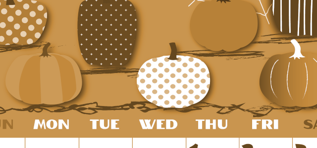 2026年10月縦型レトロな日曜始まり パンプキンがかわいいイラストA4無料セピア調カレンダー(2026-00661010)