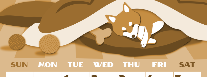 2026年12月縦型レトロな日曜始まり 柴犬イラストのかわいいA4無料セピア調カレンダー(2026-00661210)