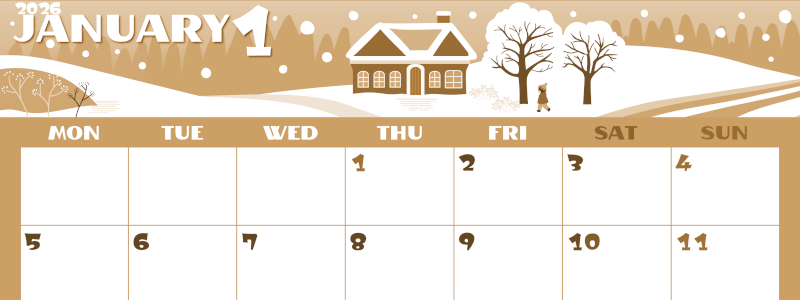2026年1月横型レトロな月曜始まり 北欧風なイラストのかわいいA4無料セピア調カレンダー(2026-00660101)