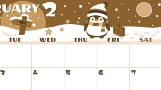 2026年2月横型レトロな月曜始まり ペンギンのイラストがかわいいA4無料セピア調カレンダー(2026-00660201)