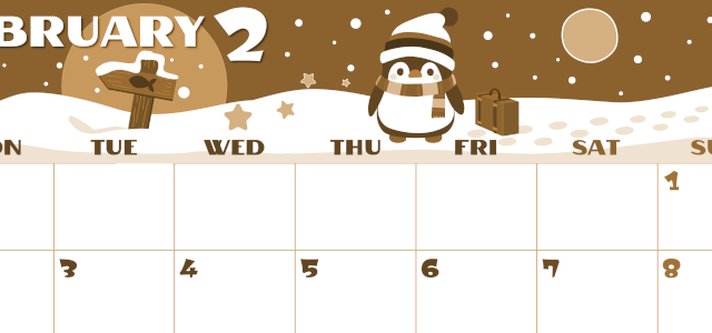 2026年2月横型レトロな月曜始まり ペンギンのイラストがかわいいA4無料セピア調カレンダー(2026-00660201)