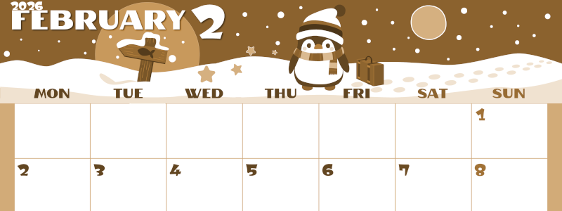 2026年2月横型レトロな月曜始まり ペンギンのイラストがかわいいA4無料セピア調カレンダー(2026-00660201)