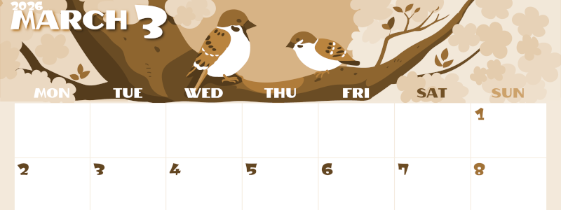 2026年3月横型レトロな月曜始まり 桜と雀のイラストのかわいいA4無料セピア調カレンダー(2026-00660301)