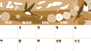 2026年4月横型レトロな月曜始まり ツバメのイラストがかわいいA4無料セピア調カレンダー(2026-00660401)