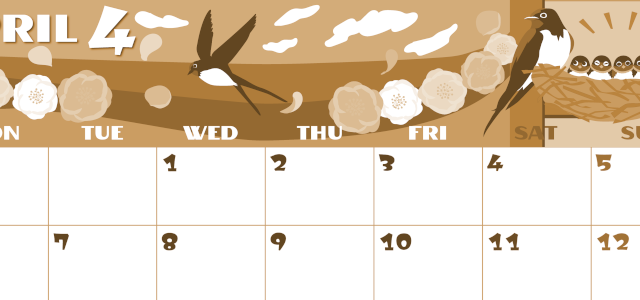 2026年4月横型レトロな月曜始まり ツバメのイラストがかわいいA4無料セピア調カレンダー(2026-00660401)