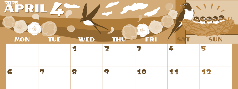 2026年4月横型レトロな月曜始まり ツバメのイラストがかわいいA4無料セピア調カレンダー(2026-00660401)