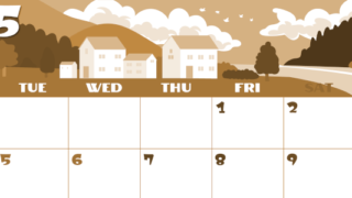 2026年5月横型レトロな月曜始まり 村のイラストのかわいいA4無料セピア調カレンダー(2026-00660501)