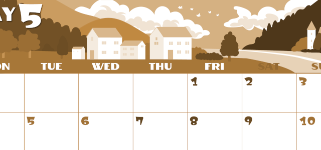 2026年5月横型レトロな月曜始まり 村のイラストのかわいいA4無料セピア調カレンダー(2026-00660501)