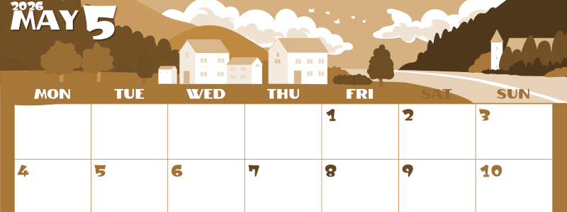 2026年5月横型レトロな月曜始まり 村のイラストのかわいいA4無料セピア調カレンダー(2026-00660501)