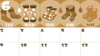 2026年6月横型レトロな月曜始まり 長靴イラストのかわいいA4無料セピア調カレンダー(2026-00660601)