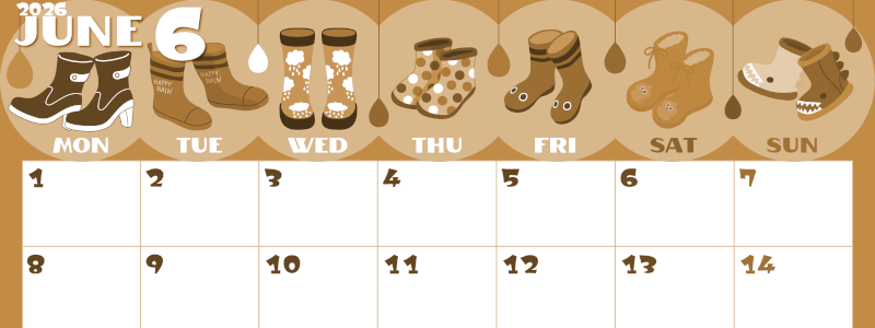 2026年6月横型レトロな月曜始まり 長靴イラストのかわいいA4無料セピア調カレンダー(2026-00660601)