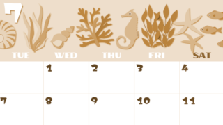 2026年7月横型レトロな月曜始まり 海の生き物イラストがかわいいA4無料セピア調カレンダー(2026-00660701)