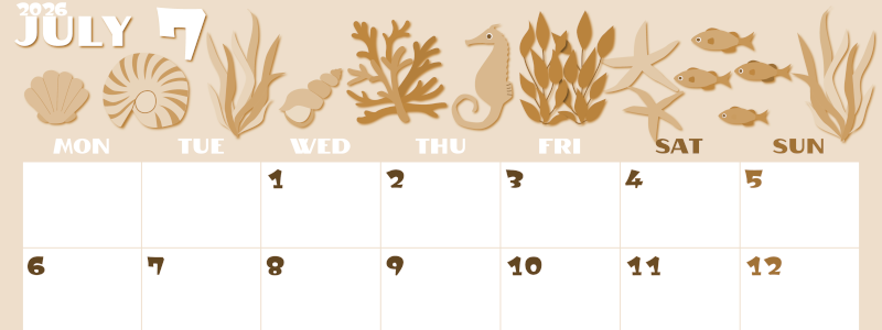 2026年7月横型レトロな月曜始まり 海の生き物イラストがかわいいA4無料セピア調カレンダー(2026-00660701)