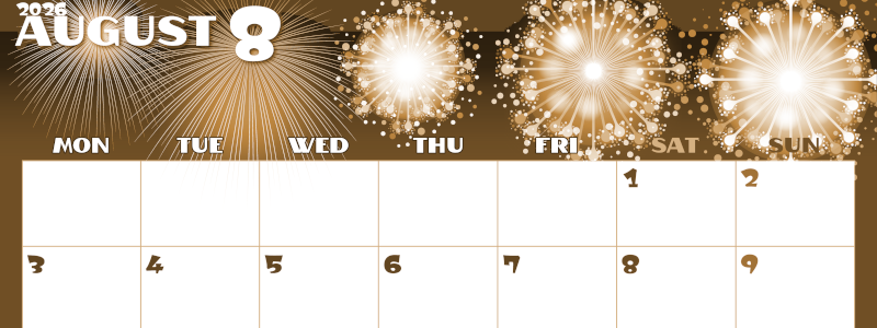 2026年8月横型レトロな月曜始まり 風物詩イラストのかわいいA4無料セピア調カレンダー(2026-00660801)