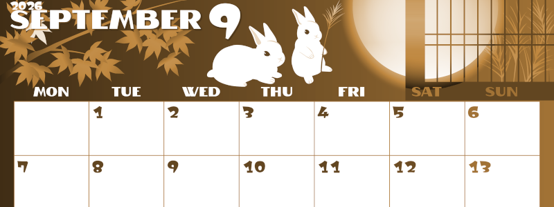 2026年9月横型レトロな月曜始まり うさぎイラストのかわいいA4無料セピア調カレンダー(2026-00660901)
