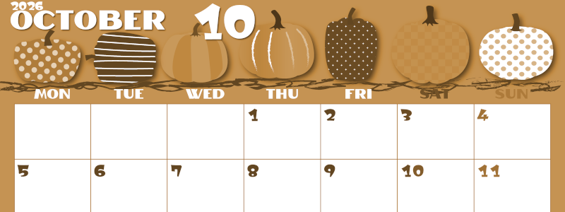 2026年10月横型レトロな月曜始まり パンプキンがかわいいイラストA4無料セピア調カレンダー(2026-00661001)