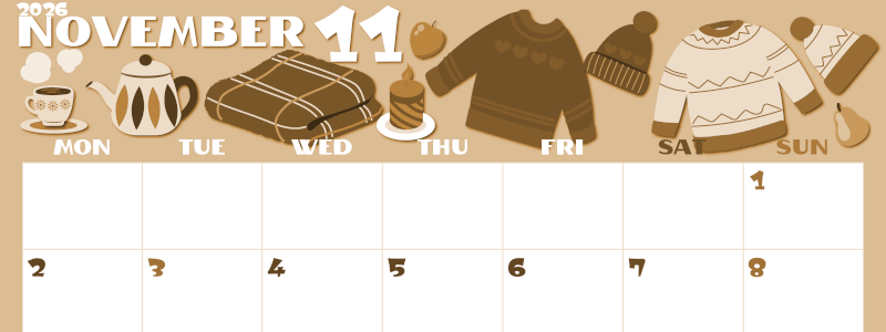 2026年11月横型レトロな月曜始まり セーターがかわいいイラストA4無料セピア調カレンダー(2026-00661101)
