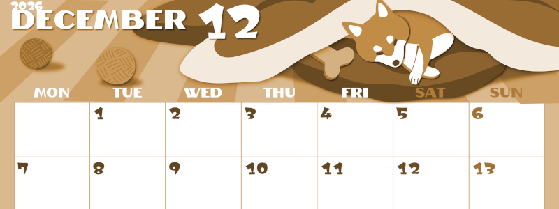 2026年12月横型レトロな月曜始まり 柴犬イラストのかわいいA4無料セピア調カレンダー(2026-00661201)