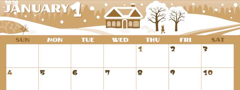 2026年1月横型レトロな日曜始まり 北欧調なイラストのかわいいA4無料セピア調カレンダー(2026-00660100)