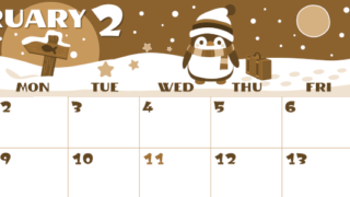 2026年2月横型レトロな日曜始まり ペンギンのイラストがかわいいA4無料セピア調カレンダー(2026-00660200)