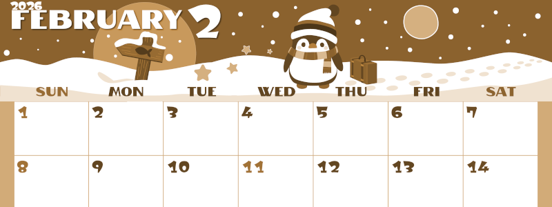 2026年2月横型レトロな日曜始まり ペンギンのイラストがかわいいA4無料セピア調カレンダー(2026-00660200)