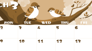 2026年3月横型レトロな日曜始まり 桜と雀のイラストのかわいいA4無料セピア調カレンダー(2026-00660300)