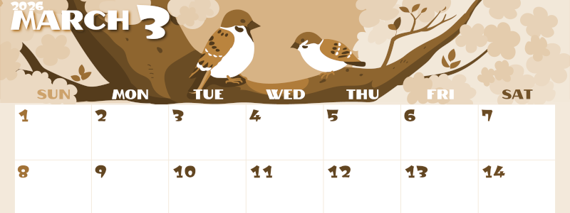 2026年3月横型レトロな日曜始まり 桜と雀のイラストのかわいいA4無料セピア調カレンダー(2026-00660300)