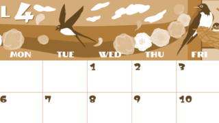 2026年4月横型レトロな日曜始まり ツバメのイラストがかわいいA4無料セピア調カレンダー(2026-00660400)