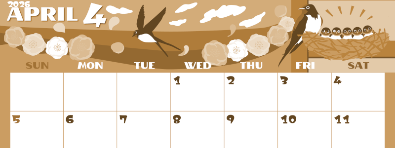 2026年4月横型レトロな日曜始まり ツバメのイラストがかわいいA4無料セピア調カレンダー(2026-00660400)