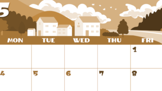 2026年5月横型レトロな日曜始まり 村のイラストのかわいいA4無料セピア調カレンダー(2026-00660500)