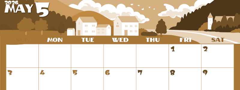 2026年5月横型レトロな日曜始まり 村のイラストのかわいいA4無料セピア調カレンダー(2026-00660500)