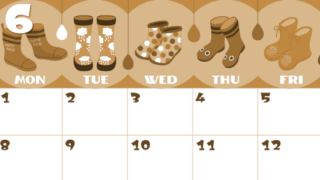 2026年6月横型レトロな日曜始まり 長靴イラストのかわいいA4無料セピア調カレンダー(2026-00660600)