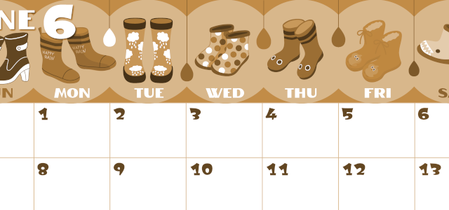 2026年6月横型レトロな日曜始まり 長靴イラストのかわいいA4無料セピア調カレンダー(2026-00660600)