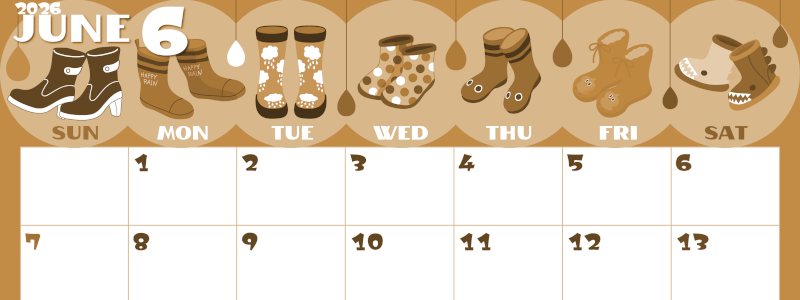 2026年6月横型レトロな日曜始まり 長靴イラストのかわいいA4無料セピア調カレンダー(2026-00660600)