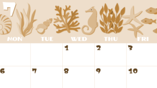 2026年7月横型レトロな日曜始まり 海の生き物イラストがかわいいA4無料セピア調カレンダー(2026-00660700)