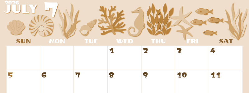 2026年7月横型レトロな日曜始まり 海の生き物イラストがかわいいA4無料セピア調カレンダー(2026-00660700)