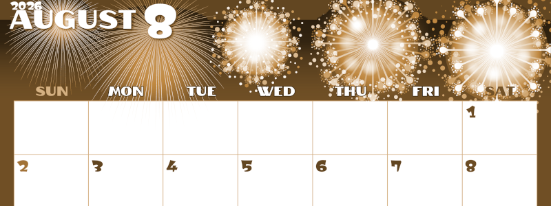 2026年8月横型レトロな日曜始まり 風物詩イラストのかわいいA4無料セピア調カレンダー(2026-00660800)