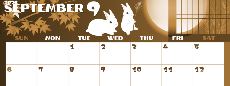 2026年9月横型レトロな日曜始まり うさぎイラストのかわいいA4無料セピア調カレンダー(2026-00660900)