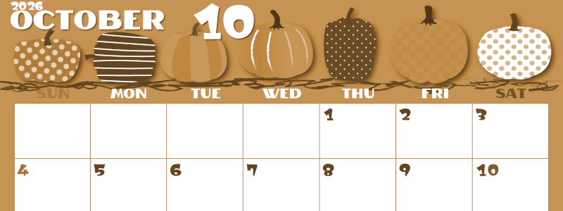 2026年10月横型レトロな日曜始まり パンプキンがかわいいイラストA4無料セピア調カレンダー(2026-00661000)