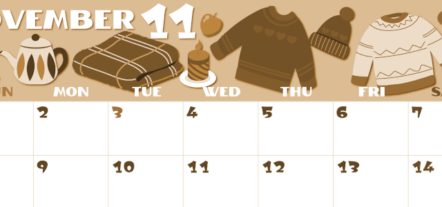 2026年11月横型レトロな日曜始まり セーターがかわいいイラストA4無料セピア調カレンダー(2026-00661100)