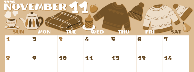 2026年11月横型レトロな日曜始まり セーターがかわいいイラストA4無料セピア調カレンダー(2026-00661100)