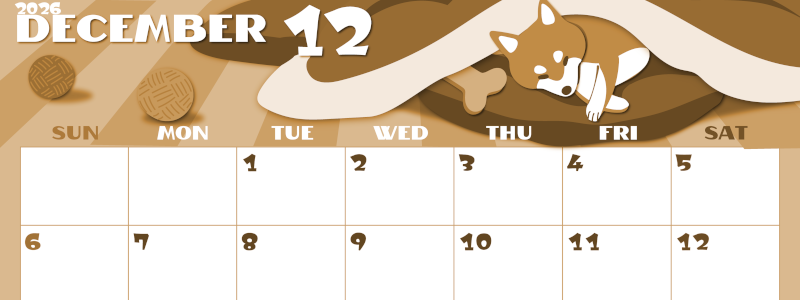 2026年12月横型レトロな日曜始まり 柴犬イラストのかわいいA4無料セピア調カレンダー(2026-00661200)