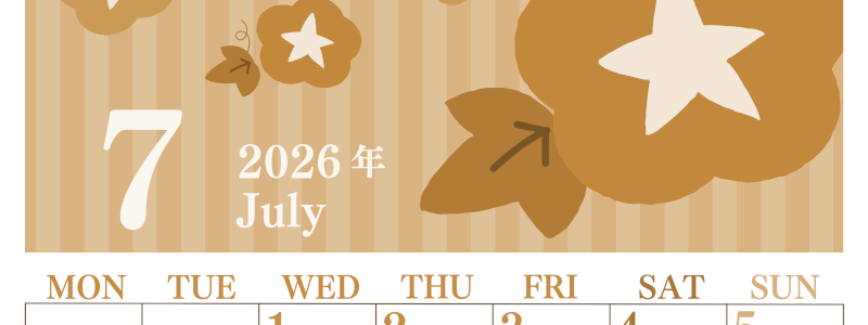 2026年7月縦型レトロな月曜始まり 朝顔イラストのおしゃれA4無料セピア調カレンダー(2026-00670711)