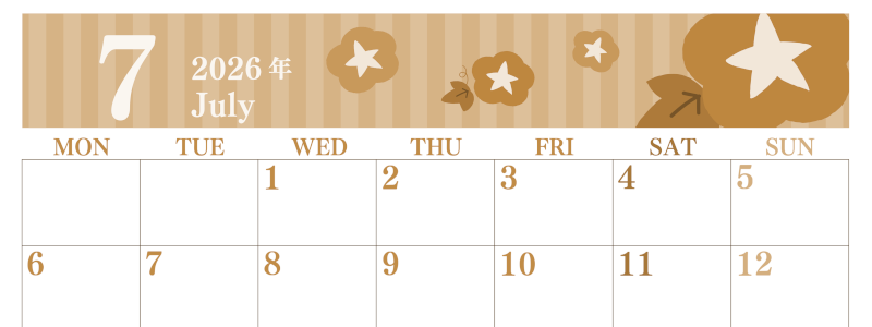 2026年7月横型レトロな月曜始まり 朝顔イラストのおしゃれA4無料セピア調カレンダー(2026-00670701)