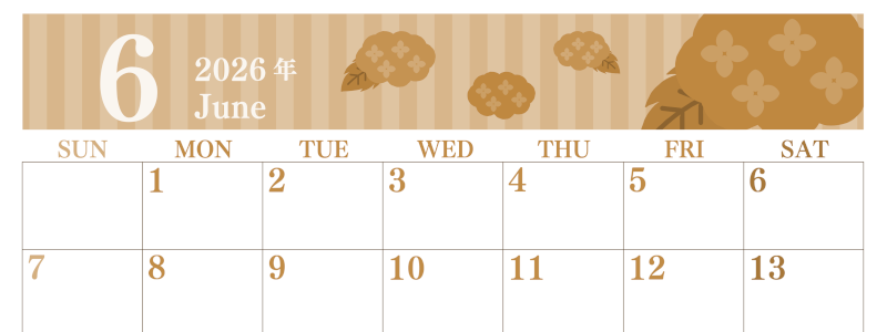 2026年6月横型レトロな日曜始まり アジサイがおしゃれなイラストA4無料セピア調カレンダー(2026-00670600)