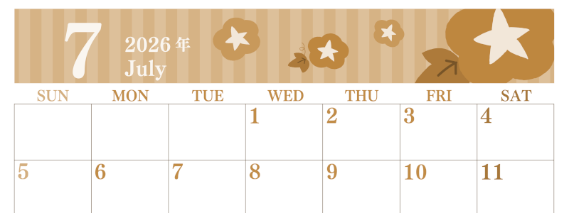 2026年7月横型レトロな日曜始まり 朝顔イラストのおしゃれA4無料セピア調カレンダー(2026-00670700)